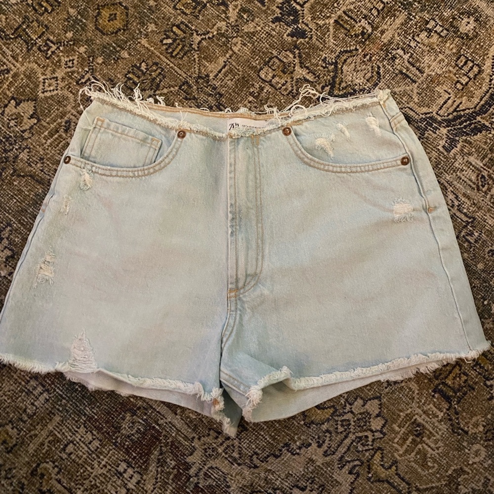 Zara Light Blue Distressed Denim Shorts